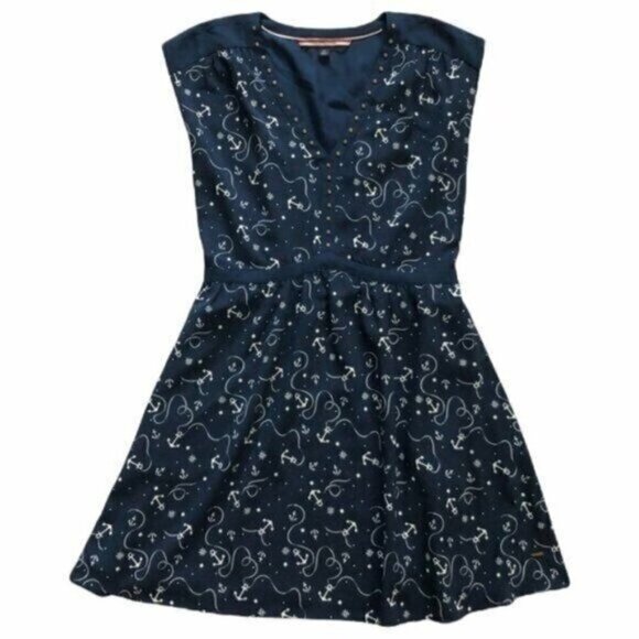 Tommy Hilfiger Women's Blue Sleeveless V Neck Nautical Anchor A Line Dress US XS - Picture 1 of 11